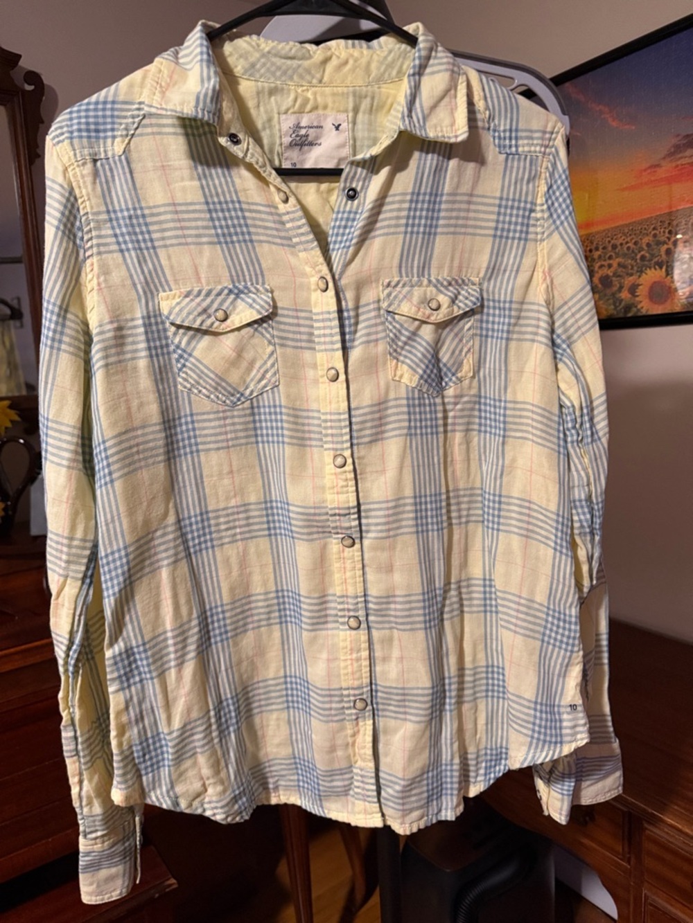 American Eagle Outfitters Pale Yellow & Light Blue Plaid Shirt